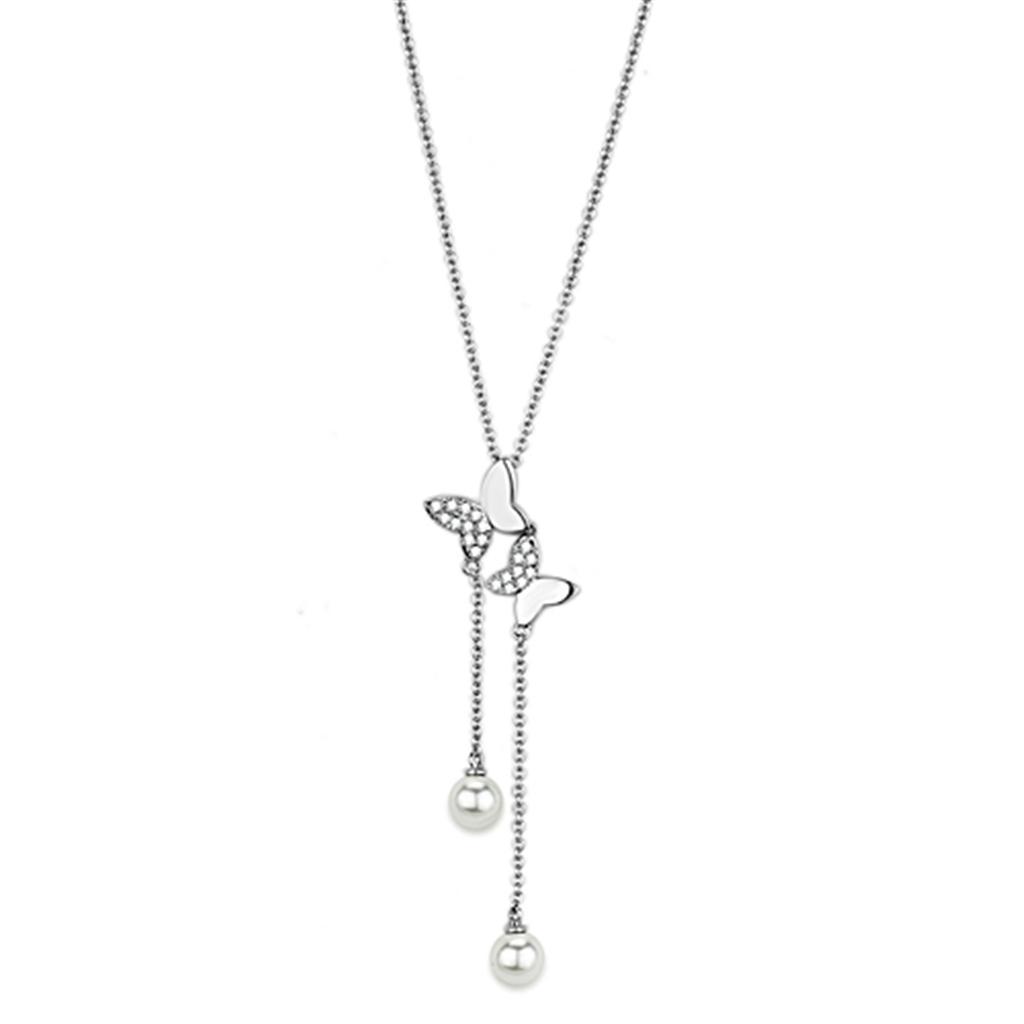 JCE442 Rhodium Brass Necklace with Synthetic Pearl in White