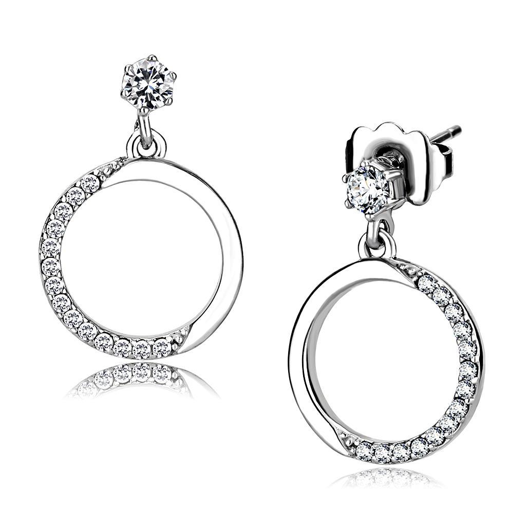 JCE180 High polished (no plating) Stainless Steel Earrings with AAA Grade CZ  in Clear