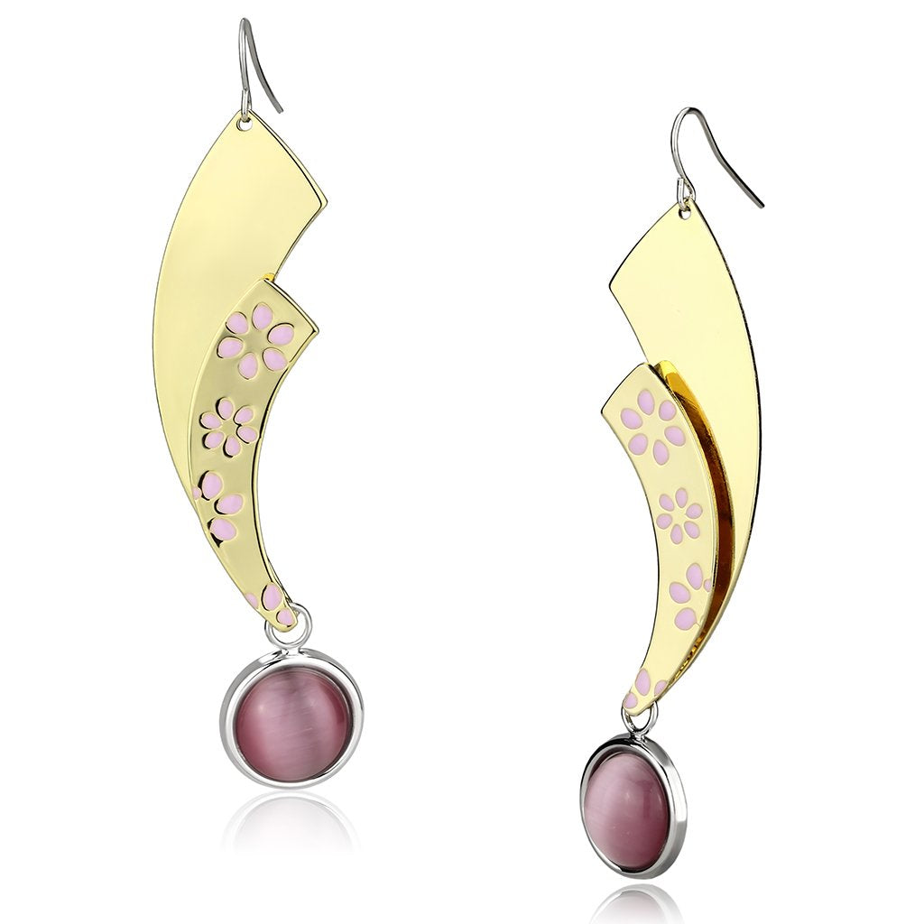 JCE2731 Gold+Rhodium Iron Earrings with Synthetic Cat Eye in Rose