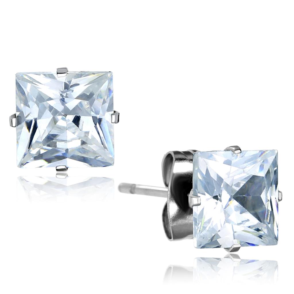 JCE3315 High polished (no plating) Stainless Steel Earrings with AAA Grade CZ  in Clear