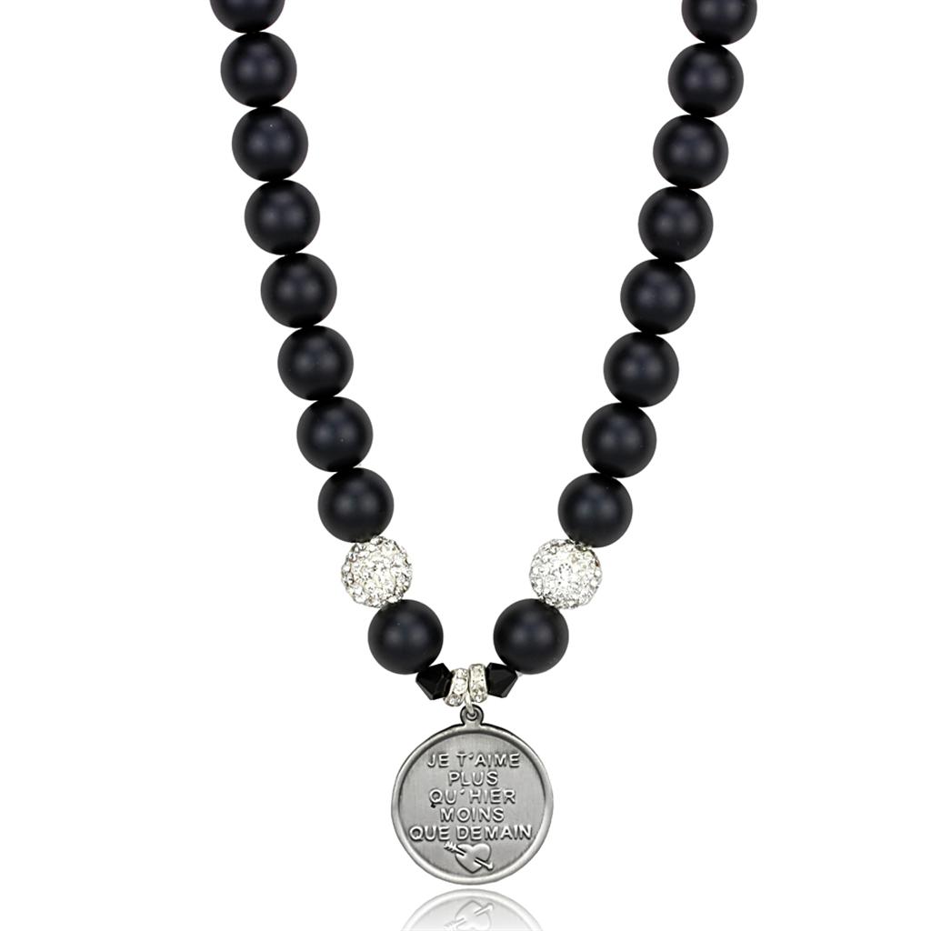 JCE3815 Antique Silver White Metal Necklace with Synthetic Glass Bead in Jet