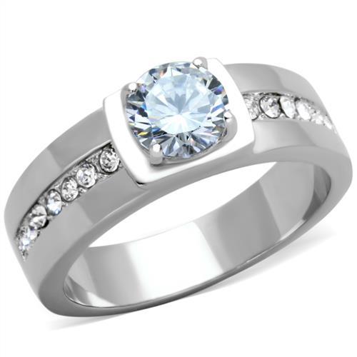 JCE1816 High polished (no plating) Stainless Steel Ring with AAA Grade CZ  in Clear
