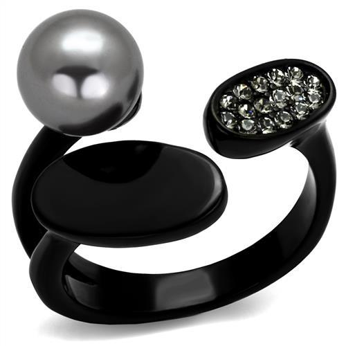 JCE2493 IP Black(Ion Plating) Stainless Steel Ring with Synthetic Pearl in Gray