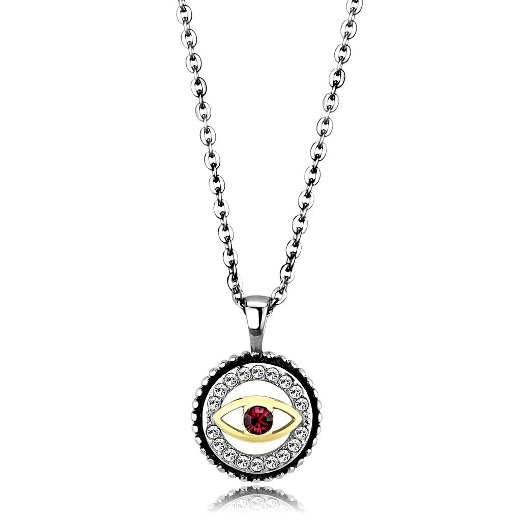 JCE2527 Two-Tone IP Gold (Ion Plating) Stainless Steel Chain Pendant with Top Grade Crystal  in Garnet