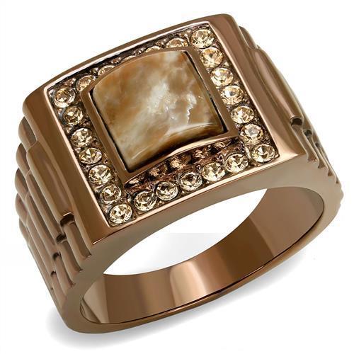 JCE3190 IP Coffee light Stainless Steel Ring with Semi-Precious Rain Flower Stone in Brown