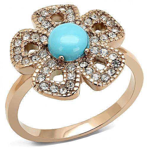 JCE3201 IP Rose Gold(Ion Plating) Stainless Steel Ring with Synthetic Turquoise in Sea Blue