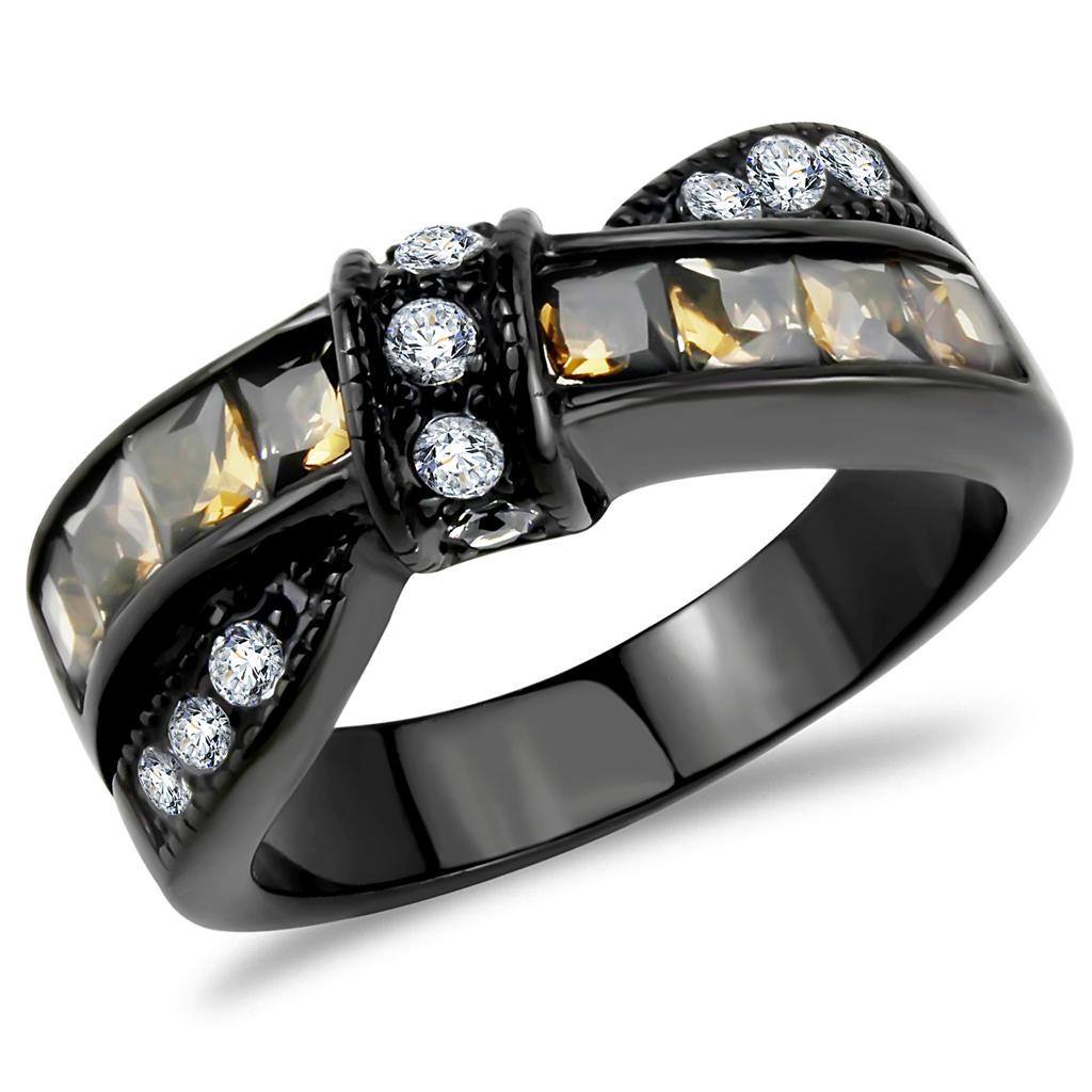 JCE3452 IP Black(Ion Plating) Stainless Steel Ring with Synthetic Synthetic Glass in Brown