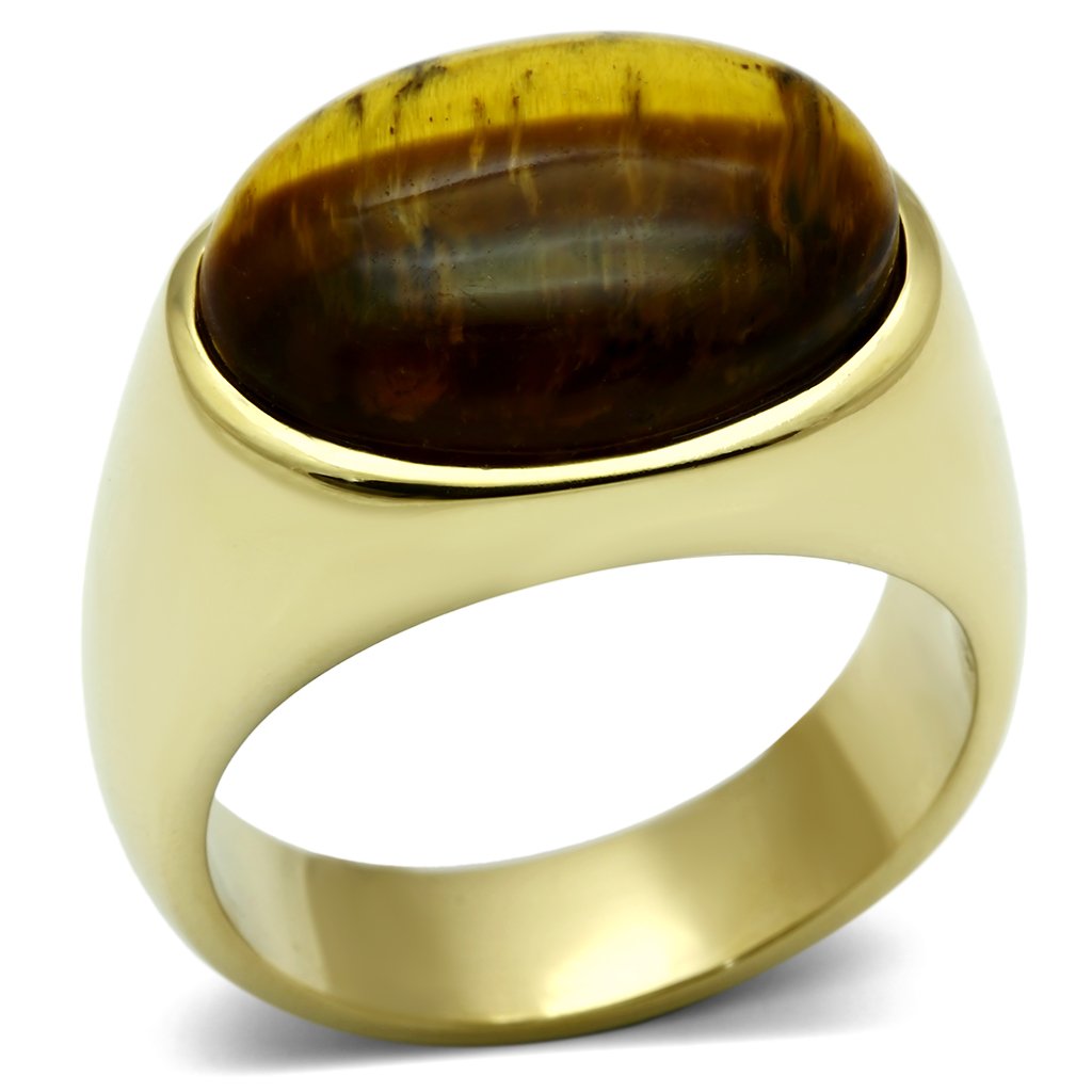 JCE718 IP Gold(Ion Plating) Stainless Steel Ring with Synthetic Tiger Eye in Topaz