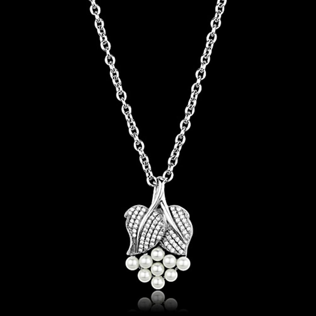 JCE165 Rhodium 925 Sterling Silver Chain Pendant with Synthetic Pearl in White